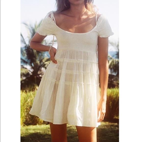 NEW NWT Free People Happy With You Mini Dress Tiered Smocked Ivory Summer Dress - Picture 1 of 15